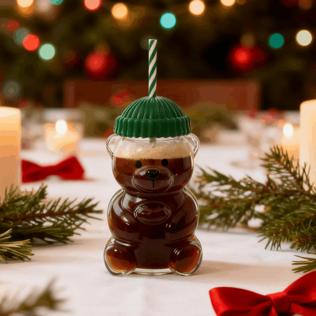 20oz Cute Bear Sublimation Glass Can with Straw & Lid | Starbucks Style Christmas Blank - Subler