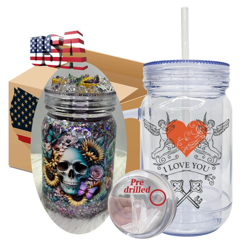 USA Warehouse Snow Globe 20oz Plastic Mason Jars with Handles (Pre-drilled Hole and Plug)