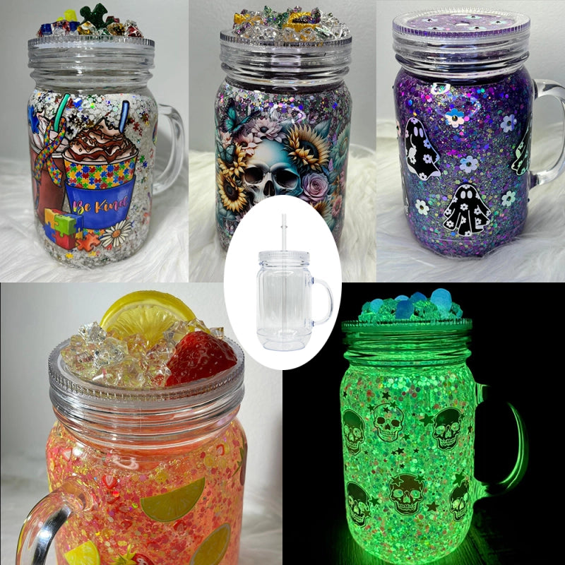 USA Warehouse Snow Globe 20oz Plastic Mason Jars with Handles (Pre-drilled Hole and Plug)