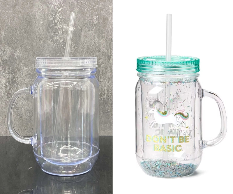 USA Warehouse Snow Globe 20oz Plastic Mason Jars with Handles (Pre-drilled Hole and Plug)