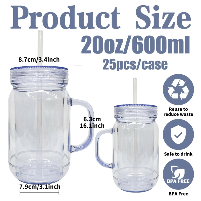 USA Warehouse Snow Globe 20oz Plastic Mason Jars with Handles (Pre-drilled Hole and Plug)