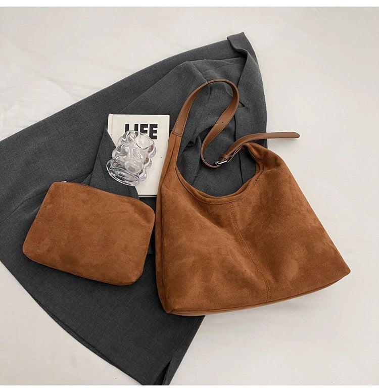 Vintage Vegan Suede Tote Bag Set | Large Capacity Shoulder Tote with Mini Bag