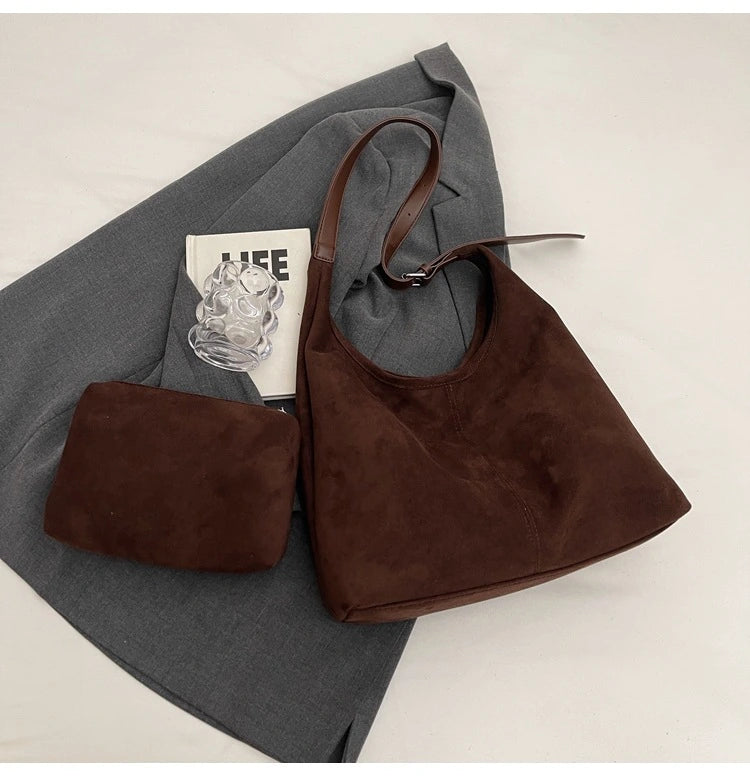 Vintage Vegan Suede Tote Bag Set | Large Capacity Shoulder Tote with Mini Bag