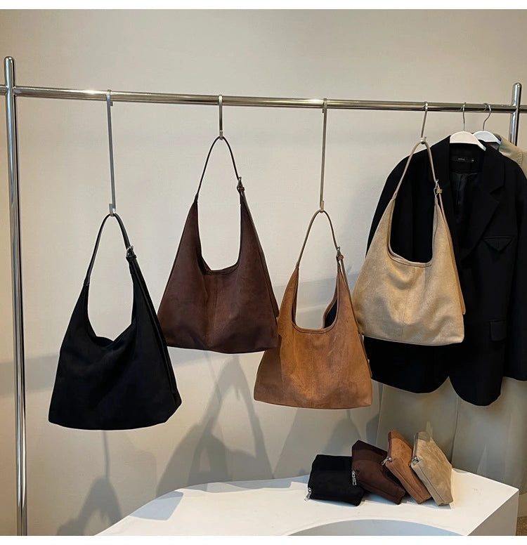 Vintage Vegan Suede Tote Bag Set | Large Capacity Shoulder Tote with Mini Bag