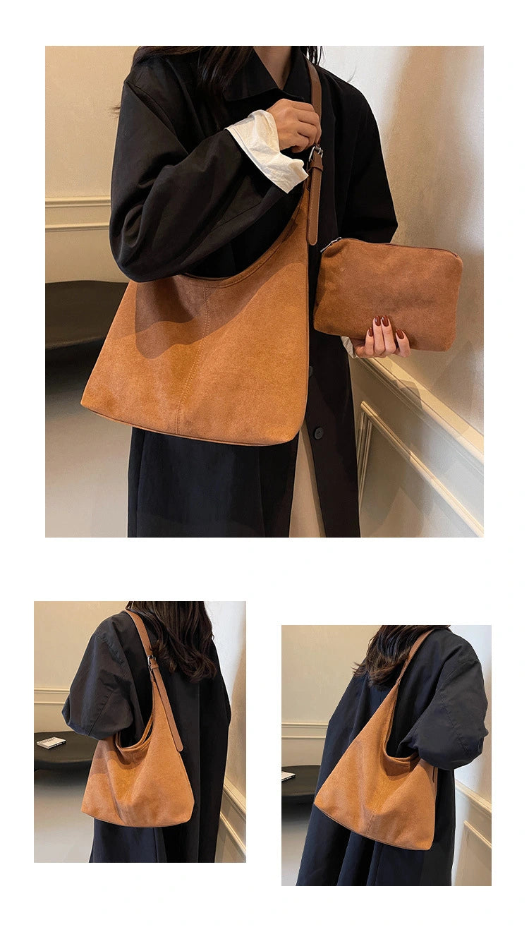 Vintage Vegan Suede Tote Bag Set | Large Capacity Shoulder Tote with Mini Bag