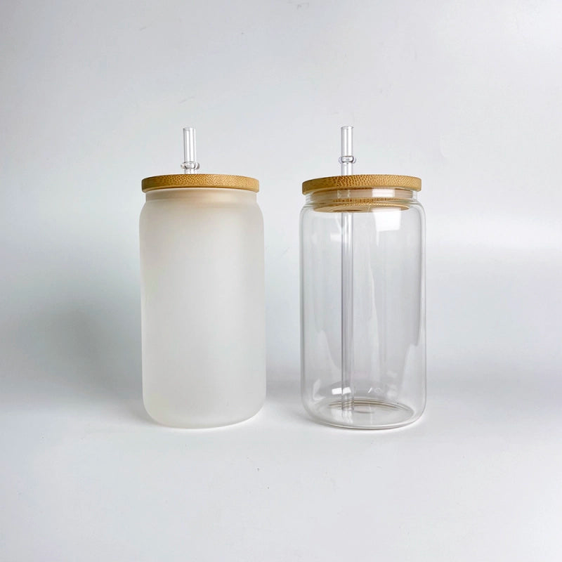 25/50Pcs USA Warehouse 16oz Sublimation Blanks Clear Frosted Beer Glass Can With Bamboo Lid And Plastic Straw