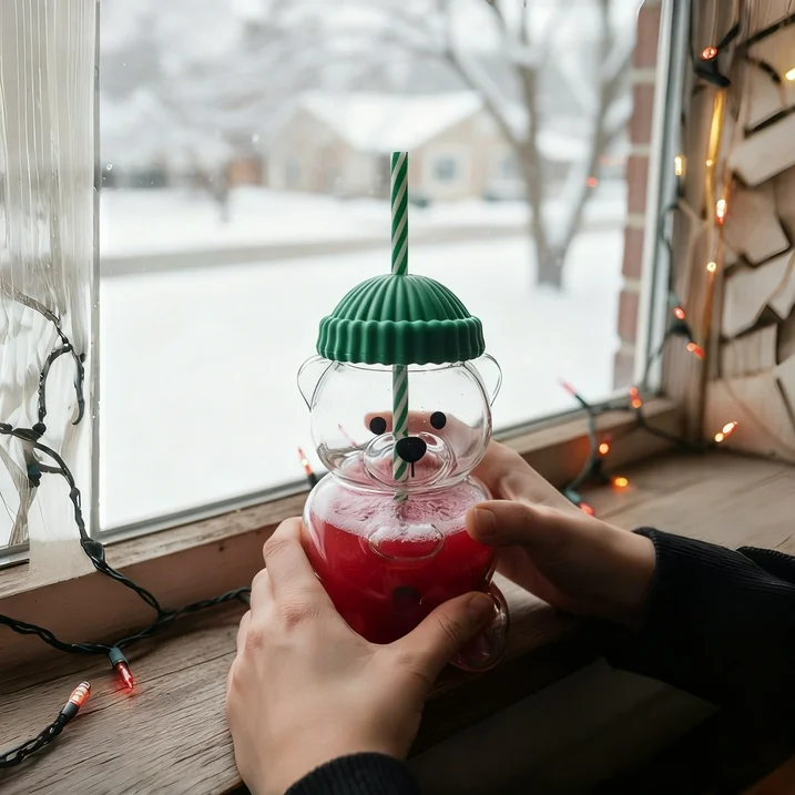 20oz Cute Bear Sublimation Glass Can with Straw & Lid | Starbucks Style Christmas Blank - Subler