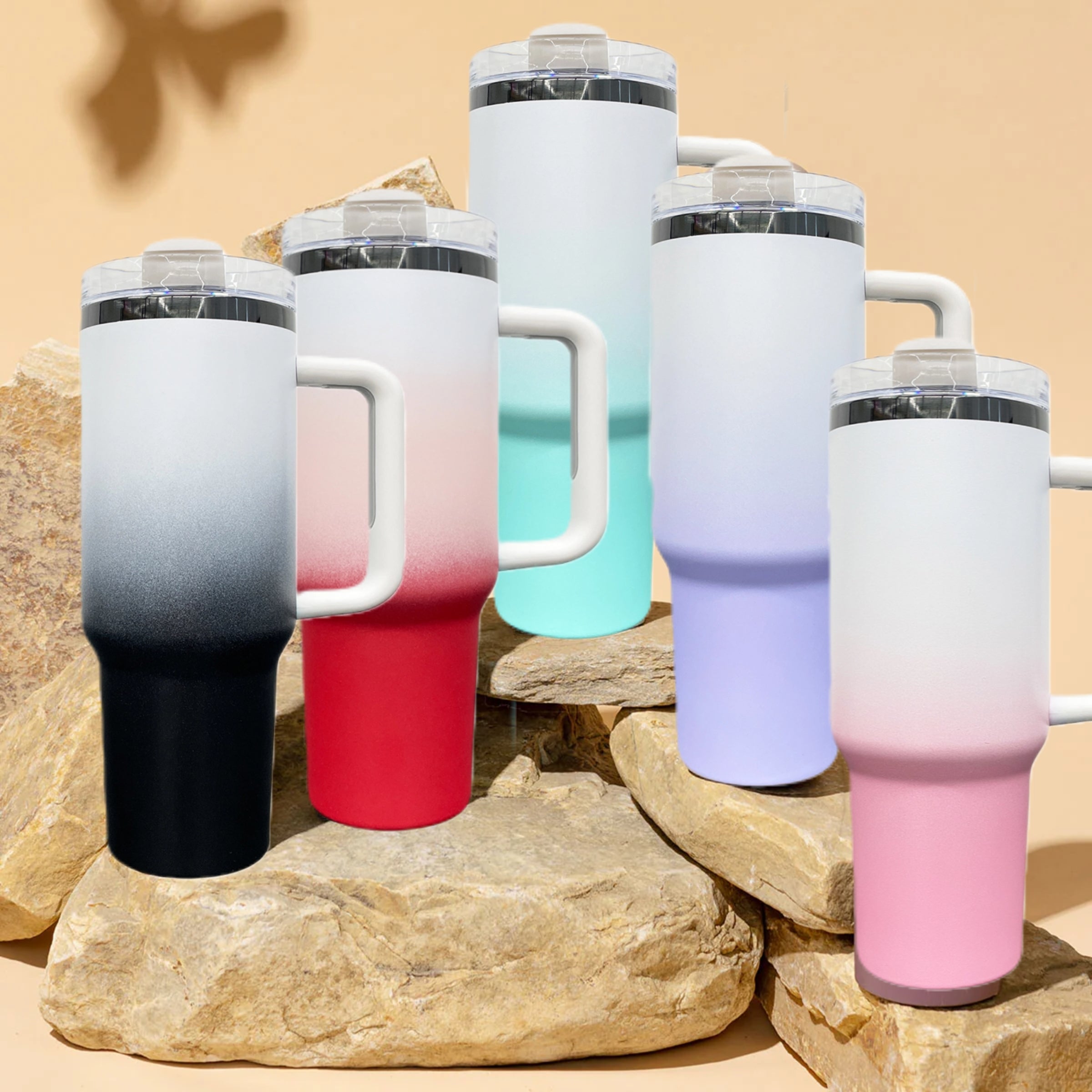 40oz Black Plated Ombre Power Coated Color Tumblers for Laser Engraving Double Wall Insulated Water Bottles with Handle and Straw (20pcs/case) USA Warehouse